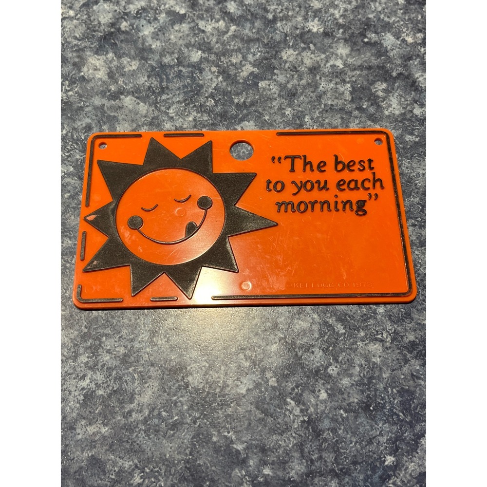 Vintage 1973 Kelloggs Cereal Sun Bicycle License Plate Orange Plastic Premium